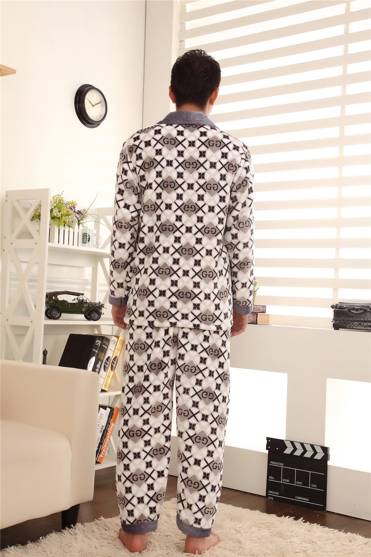 FUNISHI Mens Coral Fleece Pajama Set Winter Linen Sleepwear In