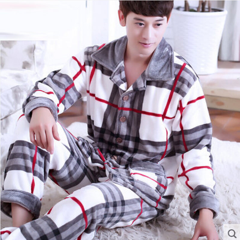 Men's Winter Thicken Warm Flannel Pajamas Sets Male Long Sleeve